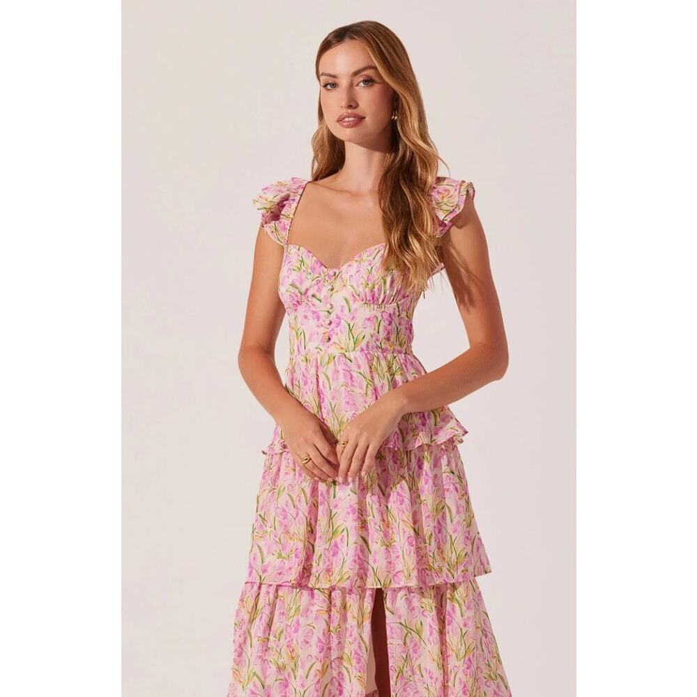 ASTR THE LABEL Women's Midsummer Floral Tiered Maxi Dress Size L In Pink Multi - Picture 2 of 13